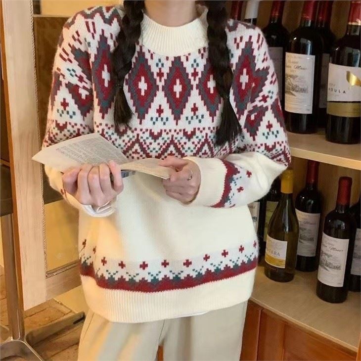 Long Sleeve Color Contrast Christmas Style Large Knitted Christmas Sweater